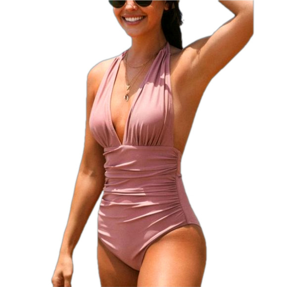 Cupshe Halter Ruched One-Piece Swimsuit NWT – Dusty Rose – Size Small - Picture 5 of 9